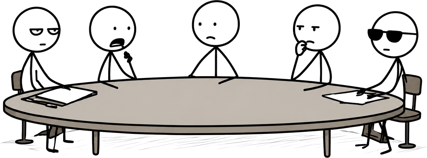 The council of five stickmen sitting around a table